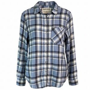 GARAGE Boyfriend Fit Plaid Brushed Cotton Shirt Blues Long Sleeve Button Up XS